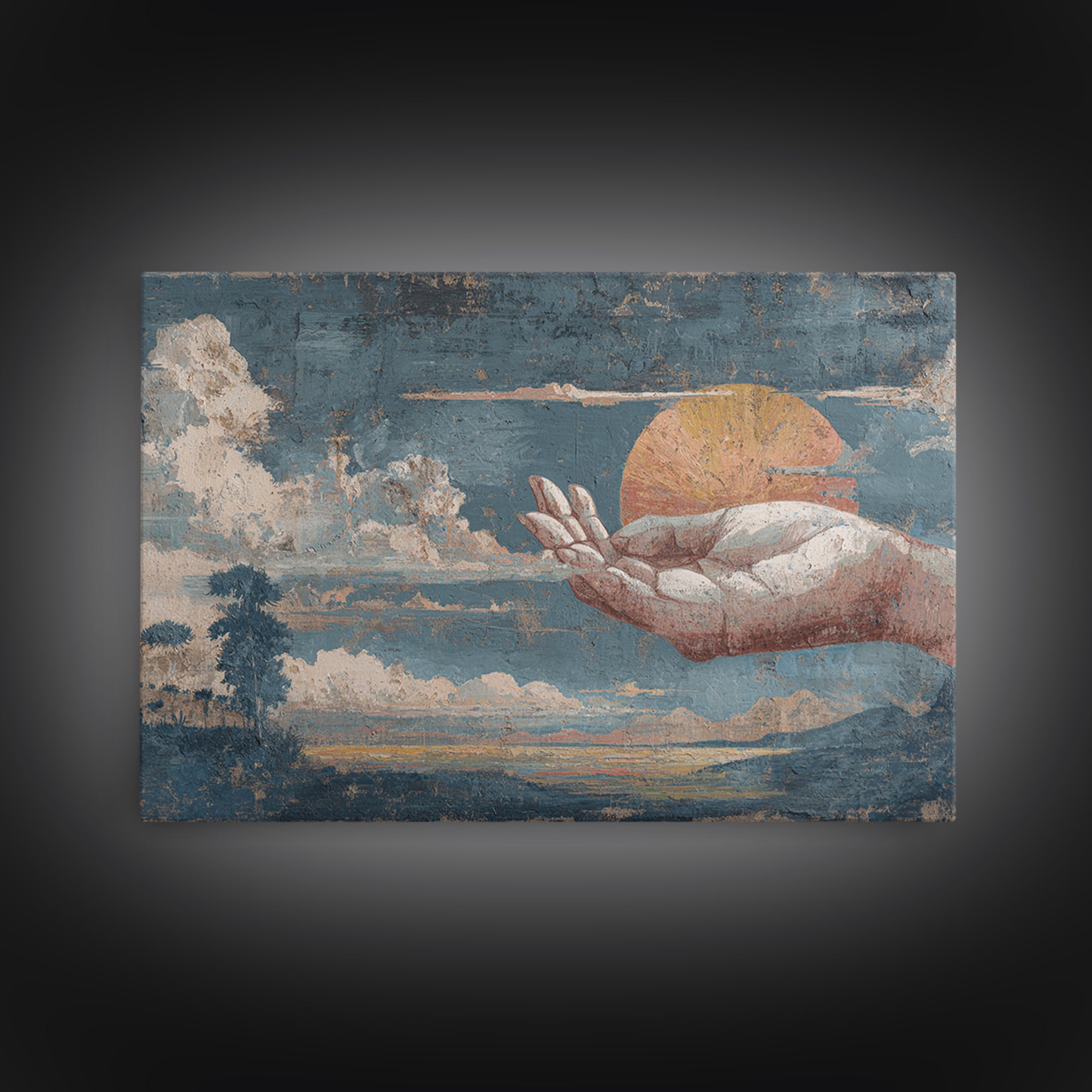 Mystic Hand Holding a Tiny Sun Framed Canvas Print, Boho Art, Statement Artwork, Living Room Decor, Oil Painting, Bohemian, BOH-3x2-82