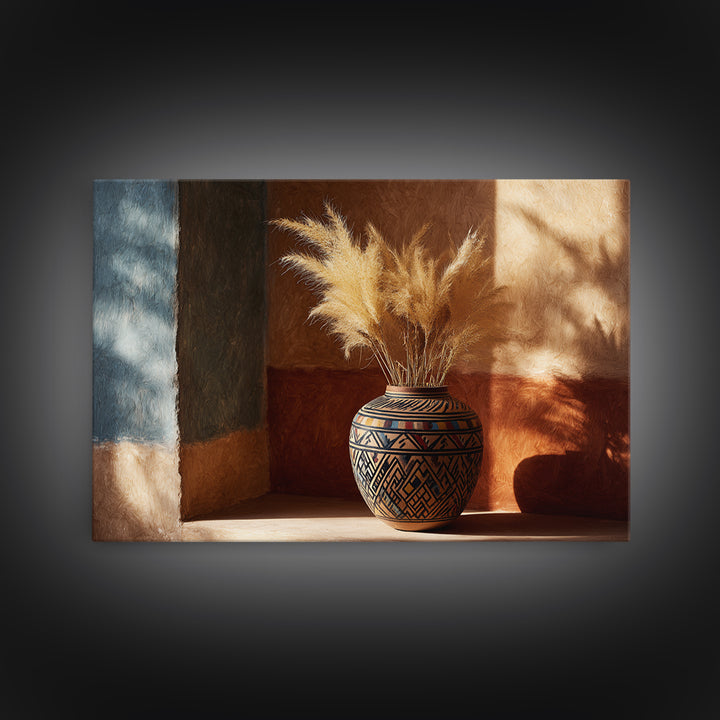 Bohemian Vase with Dried Pampas Grass Framed Canvas Print, Boho Art, Wall Art, Living Room Decor, Fine Art, Bohemian, BOH-3x2-85