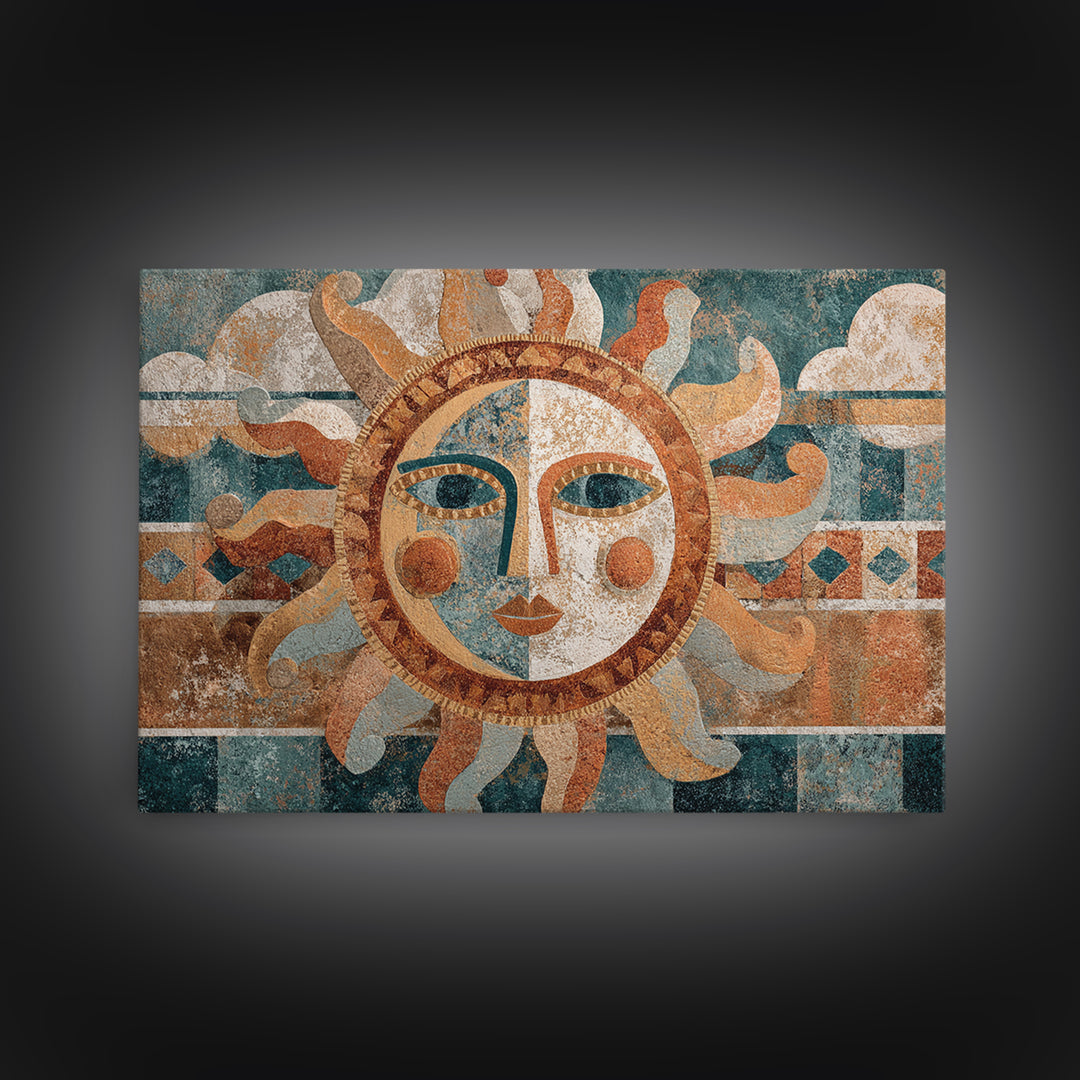 Sun and Moon Celestial Folk Motif Framed Canvas Print, Boho Art, Wall Art Set, Living Room Decor, Fine Art, Bohemian, BOH-3x2-86