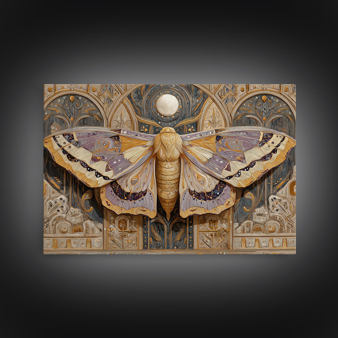 Golden Moth with Moon and Stars Canvas Print, Boho Art, Art, Living Room Decor, Fine Art, Bohemian, Wallart, Art Nouveau, BOH-3x2-93
