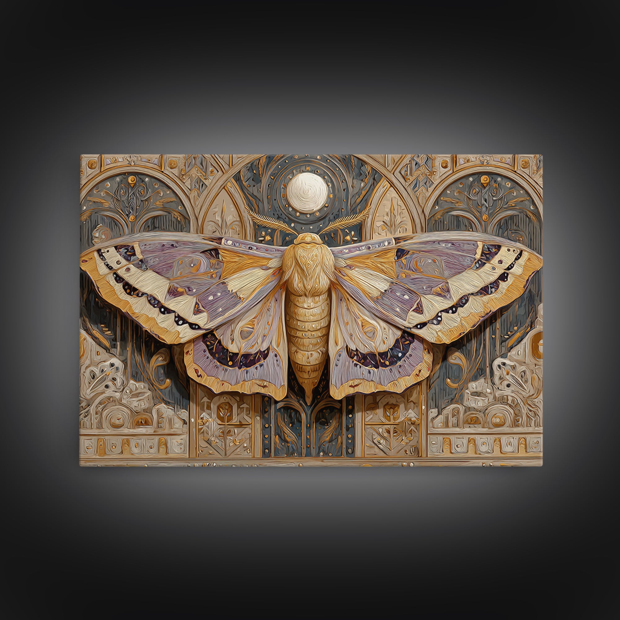 Golden Moth with Moon and Stars Canvas Print, Boho Art, Art, Living Room Decor, Fine Art, Bohemian, Wallart, Art Nouveau, BOH-3x2-93