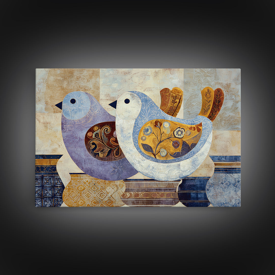 Boho Bird Pair Framed Canvas Print, Boho Art, Art Nouveau, Living Room Decor, Bohemian 596, Wall Print, Set of Prints, BOH-3x2-96