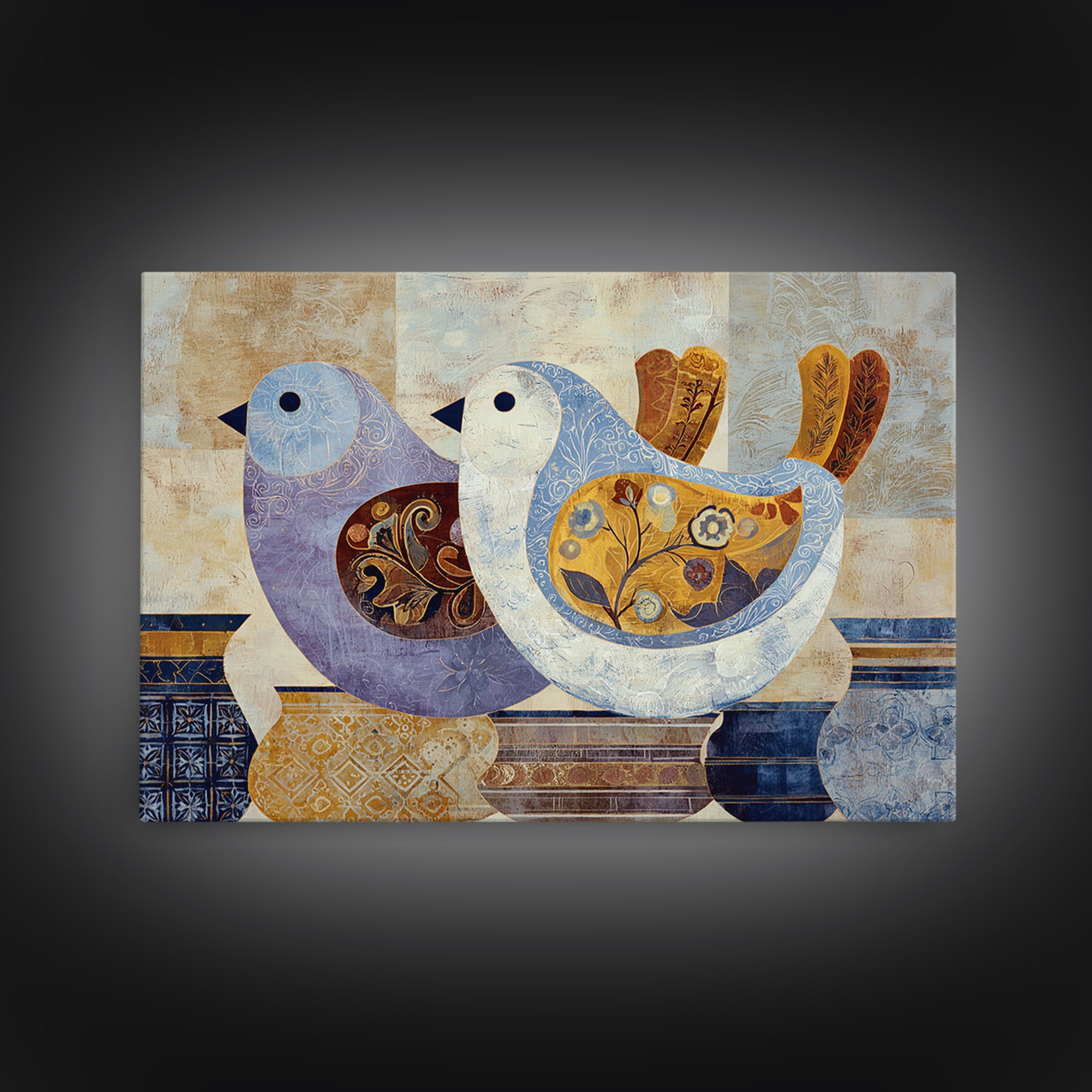 Boho Bird Pair Framed Canvas Print, Boho Art, Art Nouveau, Living Room Decor, Bohemian 596, Wall Print, Set of Prints, BOH-3x2-96