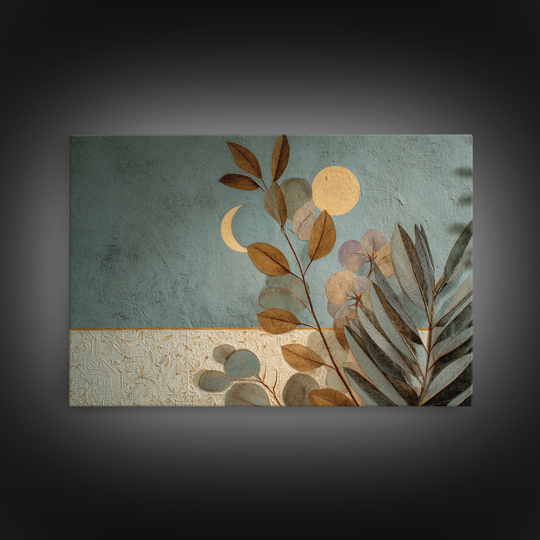 Sage Green Eucalyptus and Crescent Moon Framed Canvas Print, Boho Art, Garden Art, Living Room Decor, Fine Art, Bohemian, BOH-3x2-99