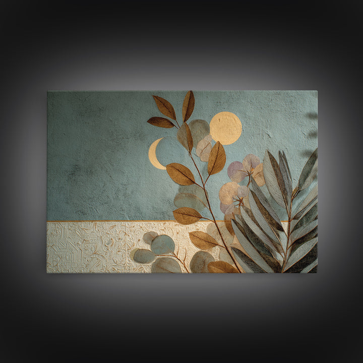 Sage Green Eucalyptus and Crescent Moon Framed Canvas Print, Boho Art, Garden Art, Living Room Decor, Fine Art, Bohemian, BOH-3x2-99