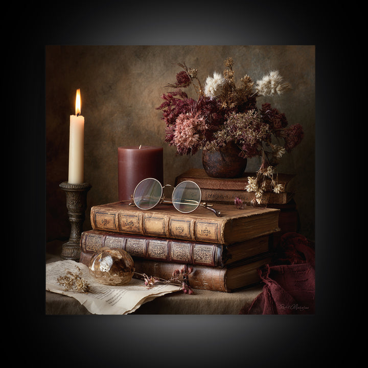 Dark Academia Candle and Book Still Life Canvas Print, Bookstore Art, Feminine Wall Art, Bookstore Decor, Literary, Art Print, BOO-1x1-34