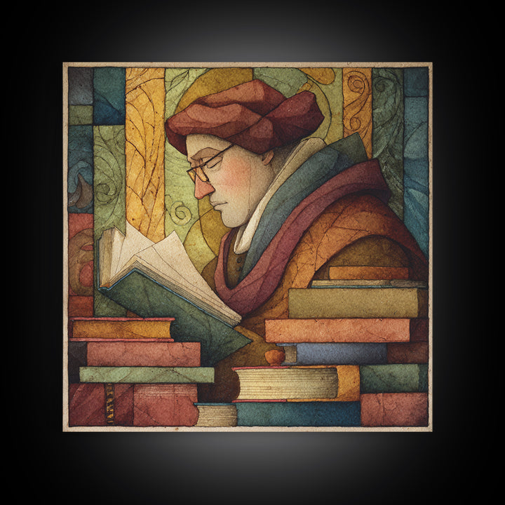 Renaissance Scholar Portrait Framed Canvas Print, Bookstore Art, Gallery Wall Art, Bookstore Decor, Fine Art, Literary, BOO-1x1-47