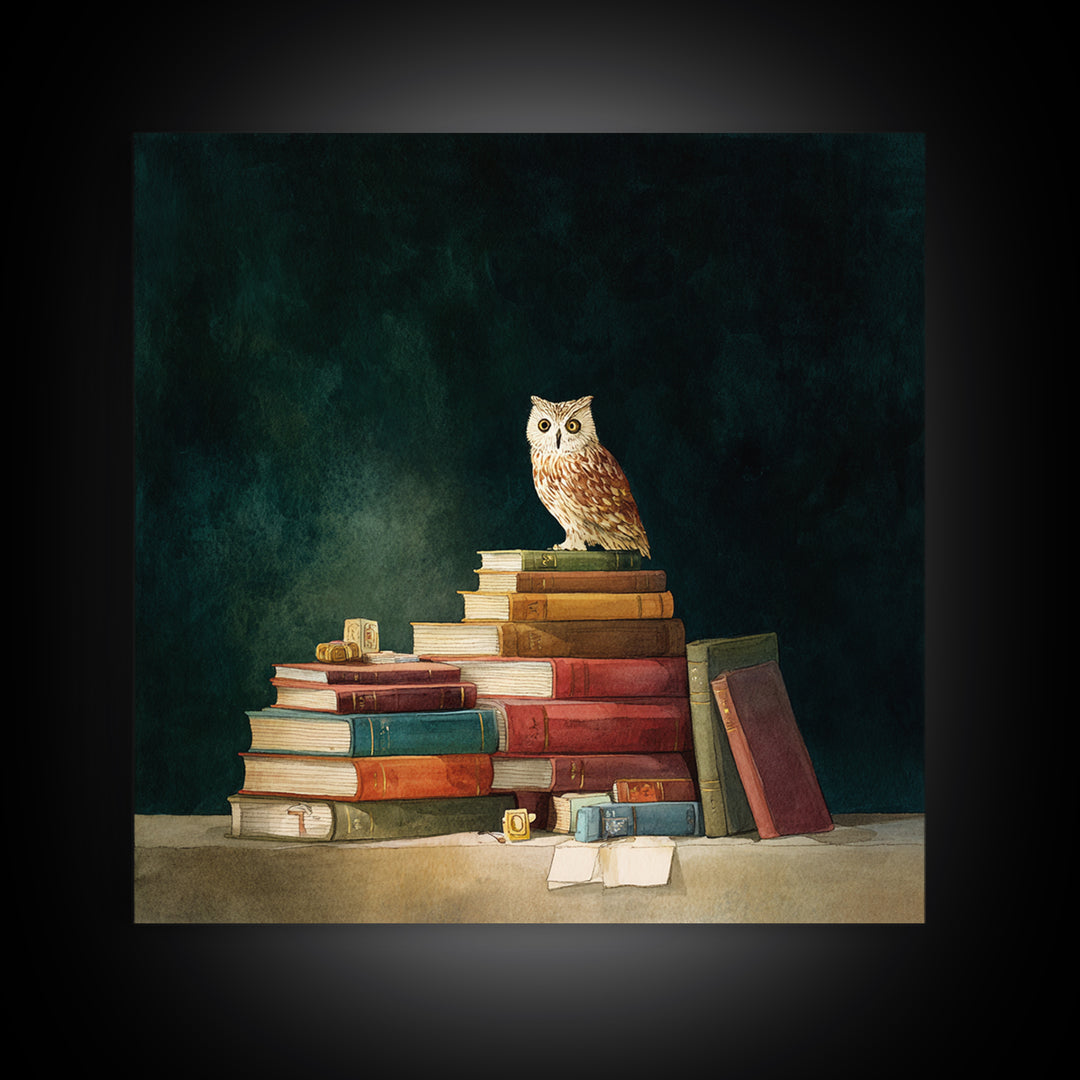 Owl Perched on a Stack of Classics Framed Canvas Print, Bookstore Art, Fine Art Print, Bookstore Decor, Abstract Art, Literary, BOO-1x1-57