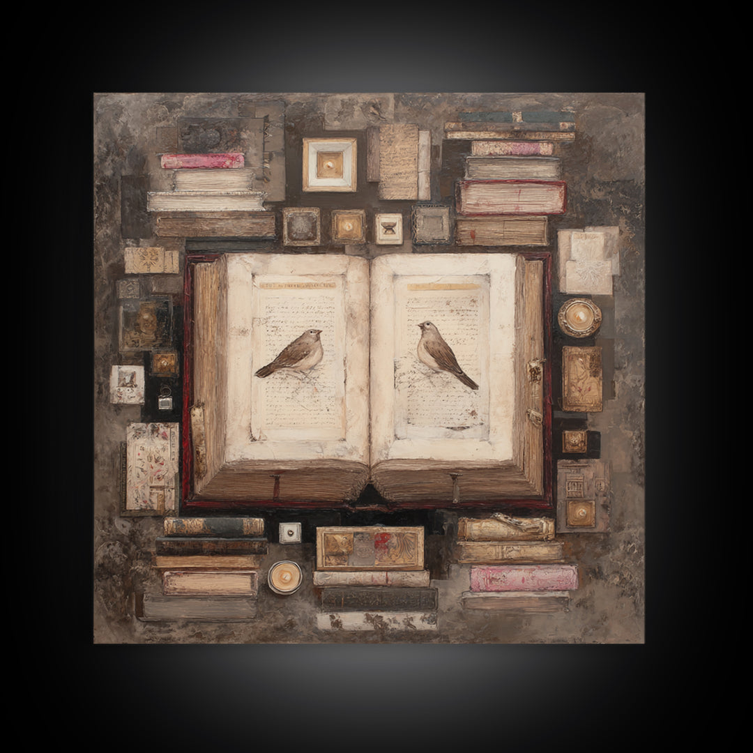 Flying Pages Transforming into Birds Framed Canvas Print, Bookstore Art, Autumn Wall Art, Bookstore Decor, Oil Painting, BOO-1x1-61