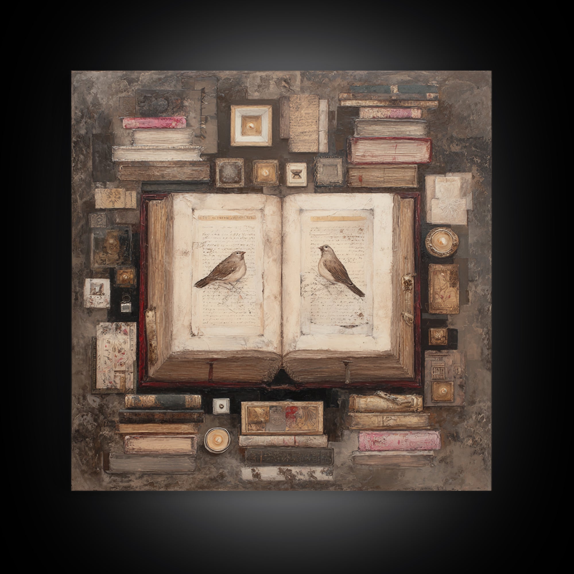 Flying Pages Transforming into Birds Framed Canvas Print, Bookstore Art, Autumn Wall Art, Bookstore Decor, Oil Painting, BOO-1x1-61