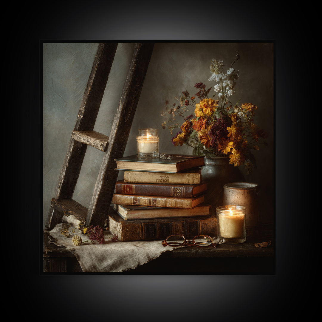 Old Library Ladder and Books Framed Canvas Print, Bookstore Art, Gallery Decor, Bookstore Decor, Fine Art, Literary, BOO-1x1-78