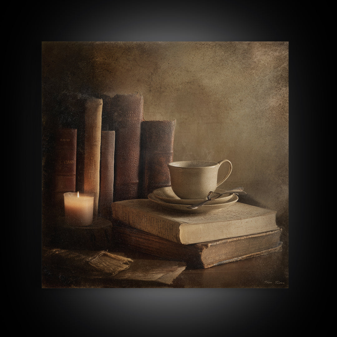 Teacup Beside a Worn Leather Bound Book Framed Canvas Print, Bookstore Art, Neutral Decor, Bookstore Decor, Fine Art, Literary, BOO-1x1-80