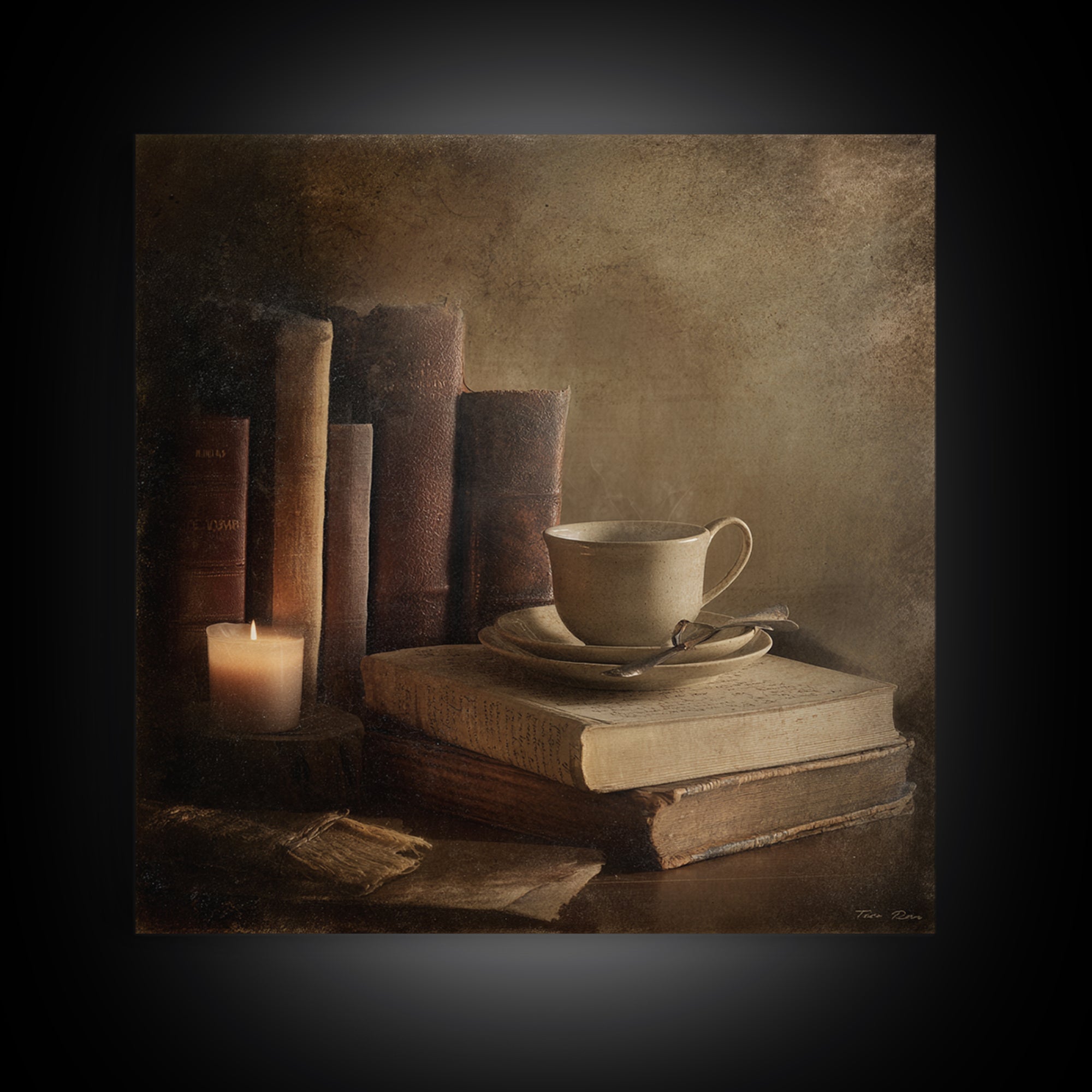 Teacup Beside a Worn Leather Bound Book Framed Canvas Print, Bookstore Art, Neutral Decor, Bookstore Decor, Fine Art, Literary, BOO-1x1-80