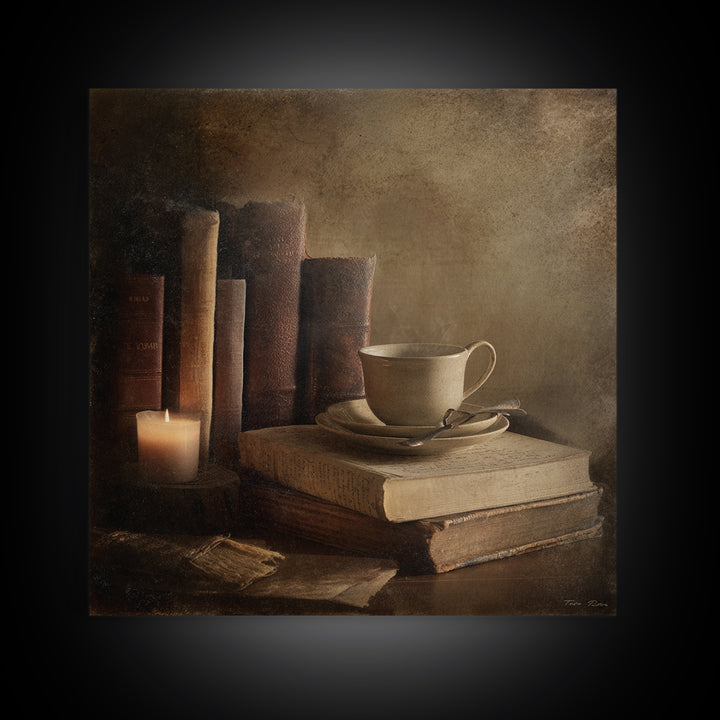 Teacup Beside a Worn Leather Bound Book Framed Canvas Print, Bookstore Art, Neutral Decor, Bookstore Decor, Fine Art, Literary, BOO-1x1-80