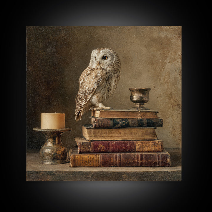 Owl Perched on a Stack of Classics Canvas Print, Bookstore Art, Textured Painting, Bookstore Decor, Fine Art, Literary, BOO-1x1-81