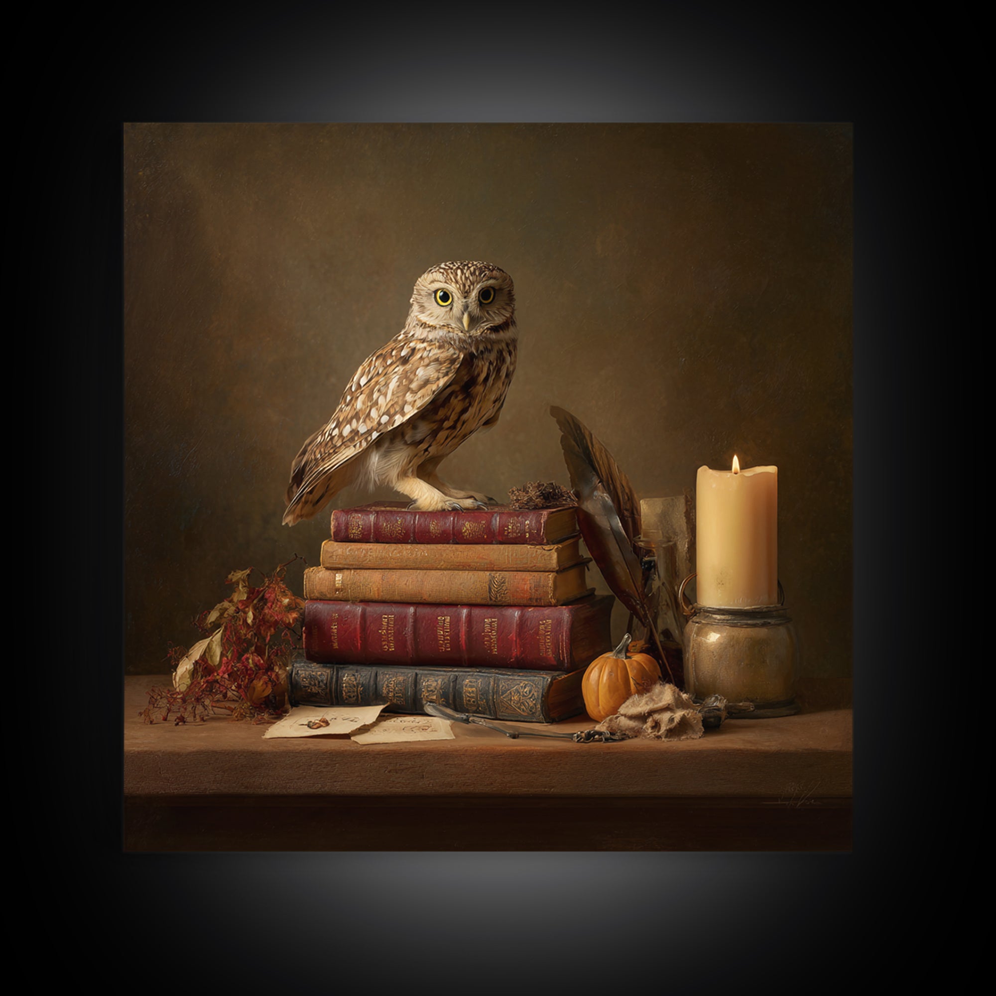 Owl Perched on a Stack of Classics Canvas Print, Bookstore Art, Pastel Wall Art, Bookstore Decor, Fine Art, Literary, BOO-1x1-9