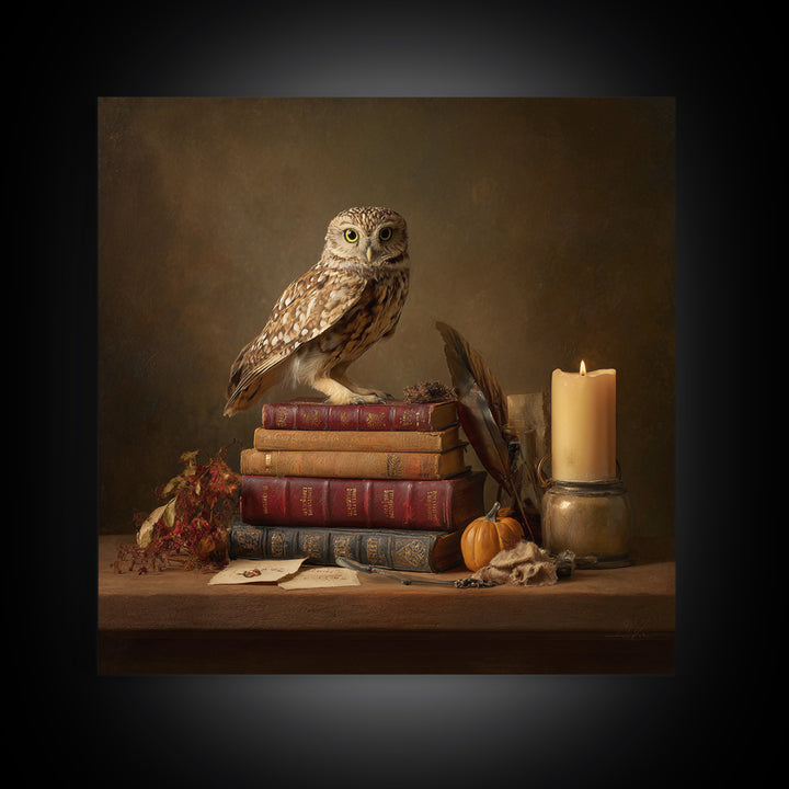 Owl Perched on a Stack of Classics Canvas Print, Bookstore Art, Pastel Wall Art, Bookstore Decor, Fine Art, Literary, BOO-1x1-9