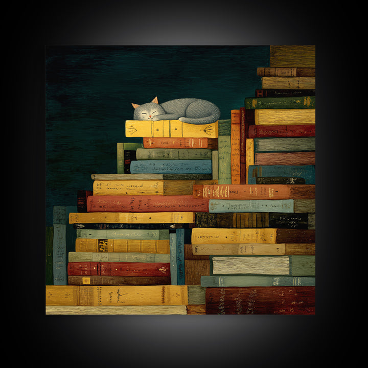 Cat Sleeping on a Pile of Novels Canvas Print, Bookstore Art, Statement Artwork, Bookstore Decor, Fine Art, Literary, BOO-1x1-98
