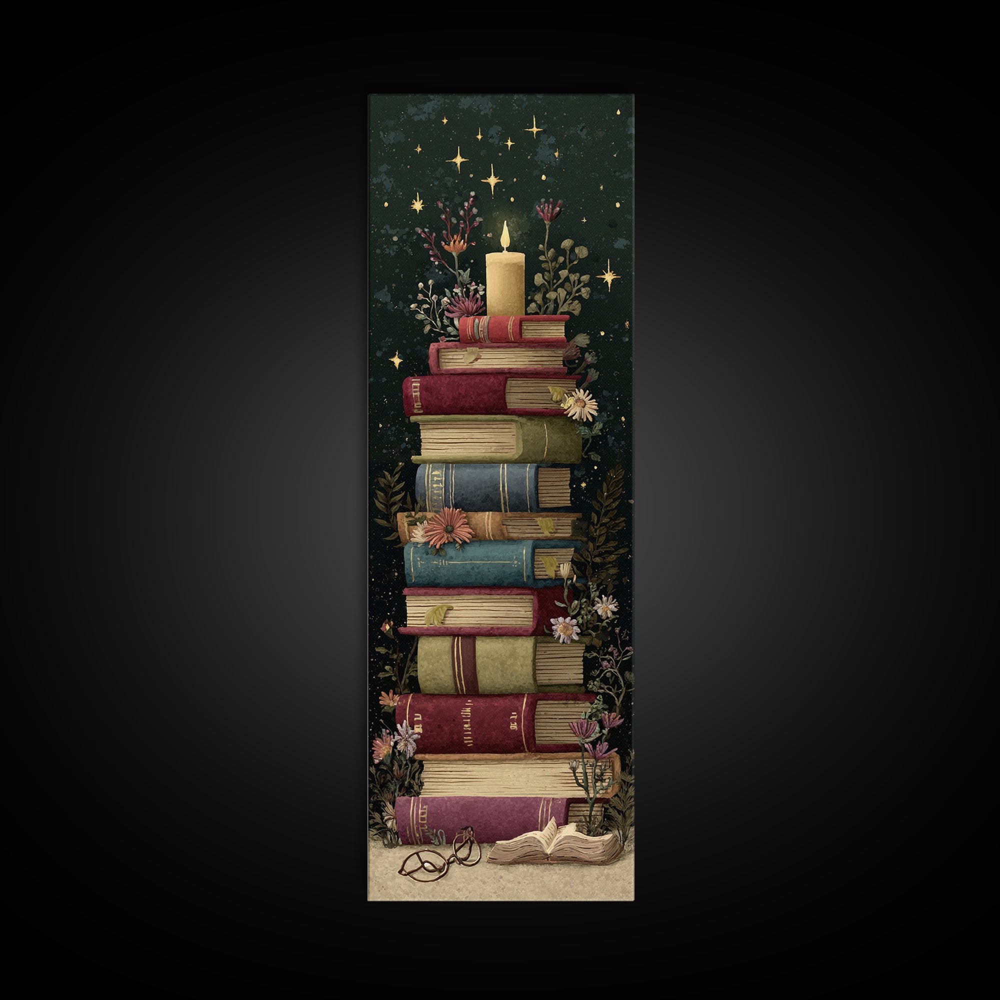 Moonlit Book with Tiny Stars Rising Framed Canvas Print, Bookstore Art, Modern Decor, Bookstore Decor, Fine Art, Literary, BOO-1x3-4