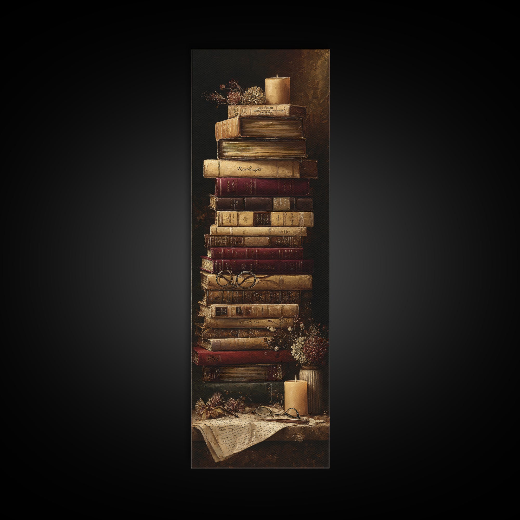 Warm Sepia Book Pile Canvas Print, Bookstore Art, Printable Wall Art, Bookstore Decor, Abstract Art, Literary, Whimsical Art, BOO-1x3-60