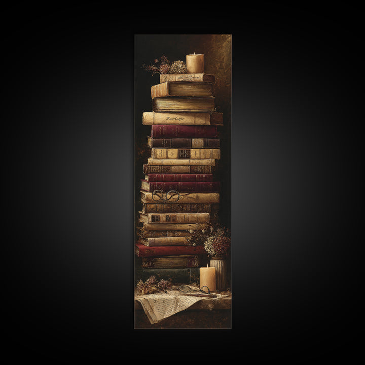 Warm Sepia Book Pile Canvas Print, Bookstore Art, Printable Wall Art, Bookstore Decor, Abstract Art, Literary, Whimsical Art, BOO-1x3-60