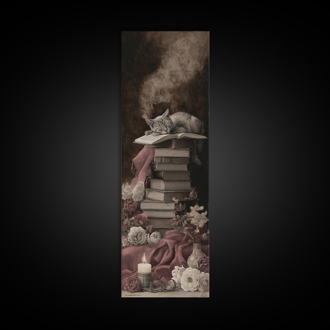 Cat Sleeping on a Pile of Novels Framed Canvas Print, Bookstore Art, Wall Decor, Bookstore Decor, Fine Art, Literary, BOO-1x3-62