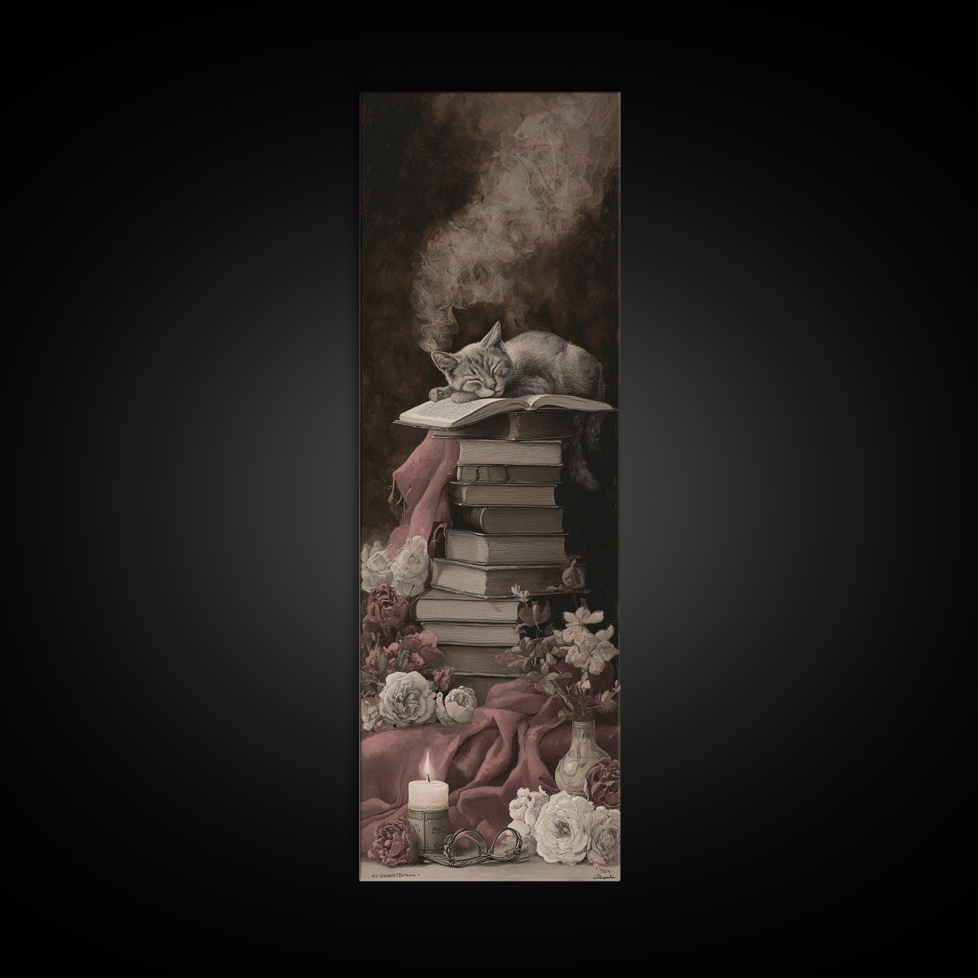 Cat Sleeping on a Pile of Novels Framed Canvas Print, Bookstore Art, Wall Decor, Bookstore Decor, Fine Art, Literary, BOO-1x3-62
