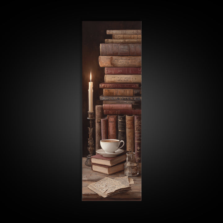 Teacup Beside a Worn Leather Bound Book Canvas Print, Bookstore Art, Library Decor, Bookstore Decor, Fine Art, Literary, BOO-1x3-68