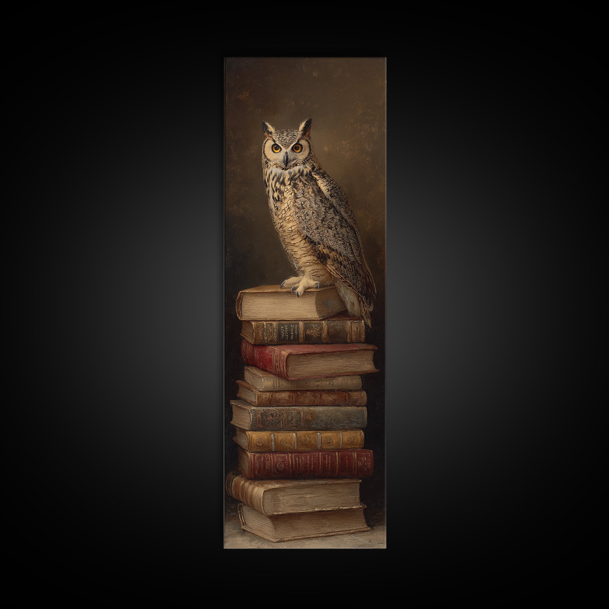 Owl Perched on a Stack of Classics Framed Canvas Print, Bookstore Art, Boho Decor, Bookstore Decor, Oil Painting, Literary, BOO-1x3-69