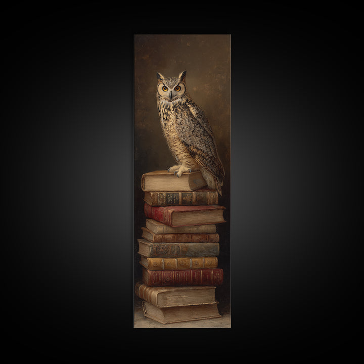 Owl Perched on a Stack of Classics Framed Canvas Print, Bookstore Art, Boho Decor, Bookstore Decor, Oil Painting, Literary, BOO-1x3-69