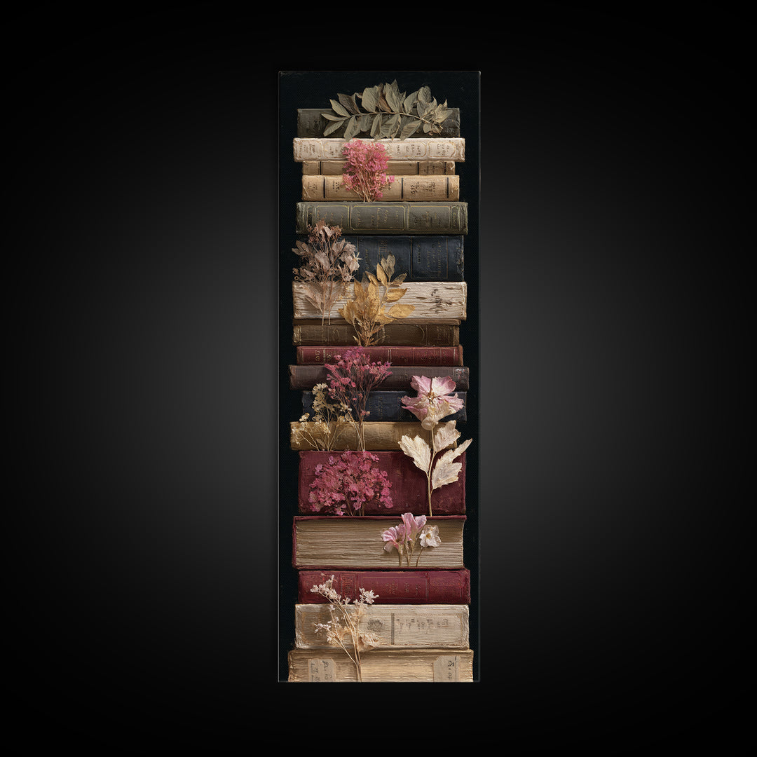 Pressed Flowers Between Book Pages Framed Canvas Print, Bookstore Art, Office Art, Bookstore Decor, Oil Painting, Literary, BOO-1x3-79