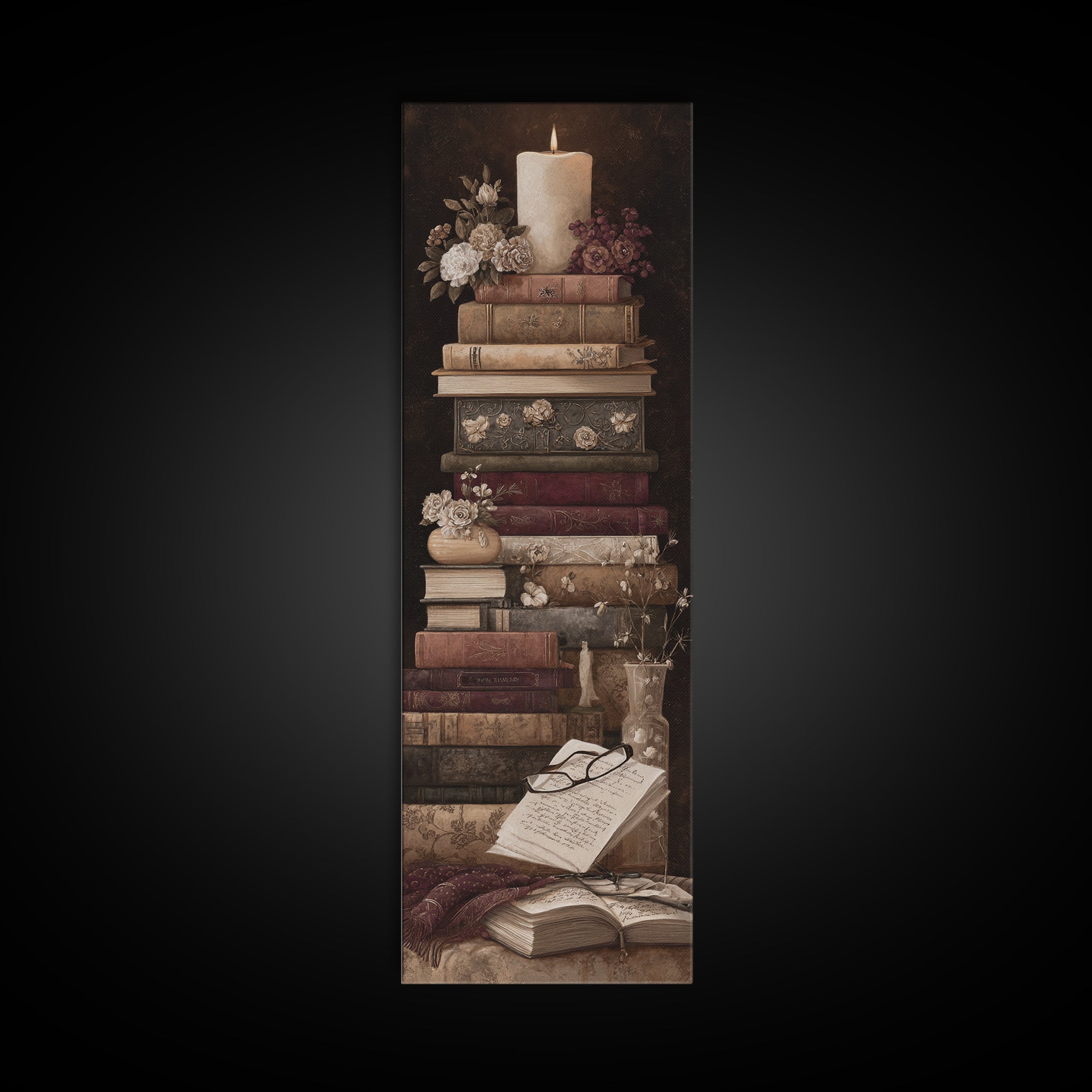 Botanical Bookmark and Open Pages Arrangement Framed Canvas Print, Bookstore Art, Downloadable Art, Bookstore Decor, Literary, BOO-1x3-96