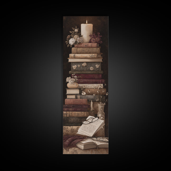 Botanical Bookmark and Open Pages Arrangement Framed Canvas Print, Bookstore Art, Downloadable Art, Bookstore Decor, Literary, BOO-1x3-96