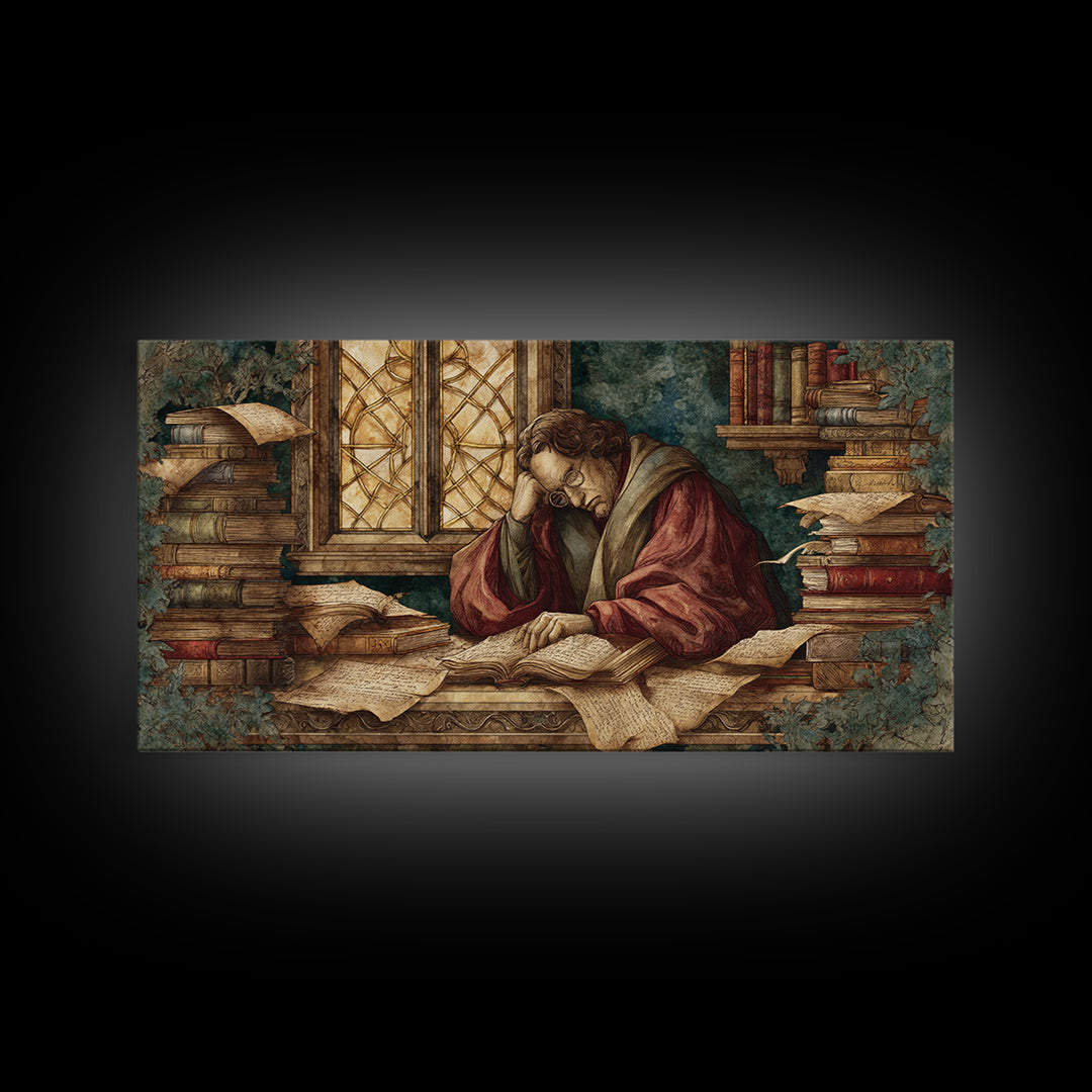 Renaissance Scholar Portrait Framed Canvas Print, Bookstore Art, Feminine Wall Art, Bookstore Decor, Fine Art, Literary, BOO-2x1-19
