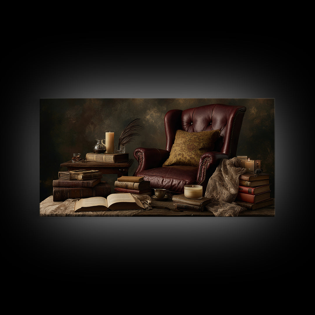 Cozy Reading Chair Still Life Without Room Framed Canvas Print, Bookstore Art, Painting, Bookstore Decor, Fine Art, Literary, BOO-2x1-25