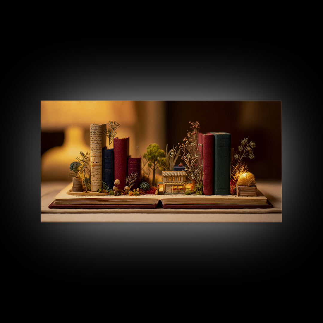 Miniature Garden Growing from an Open Book Canvas Print, Bookstore Art, Textured Painting, Bookstore Decor, Fine Art, Literary, BOO-2x1-66