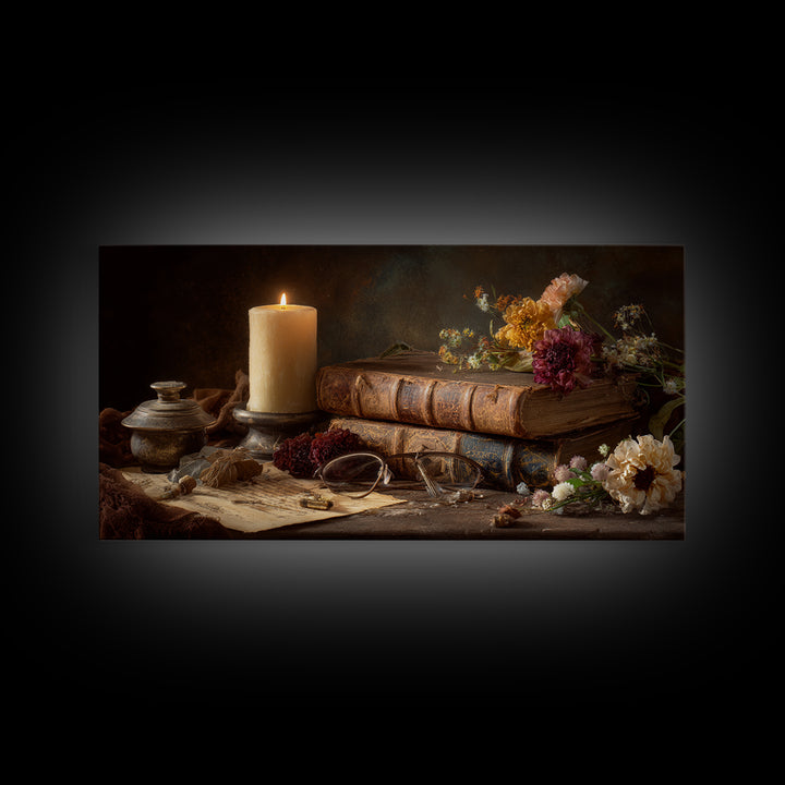 Dark Academia Candle and Book Still Life Canvas Print, Bookstore Art, Contemporary Art, Bookstore Decor, Fine Art, Literary, BOO-2x1-78