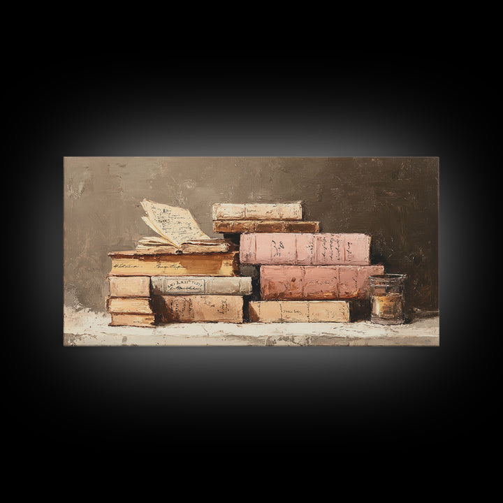 Warm Sepia Book Pile Framed Canvas Print, Bookstore Art, Book Art, Bookstore Decor, Oil Painting, Literary, Feminine Wall Art, BOO-2x1-92