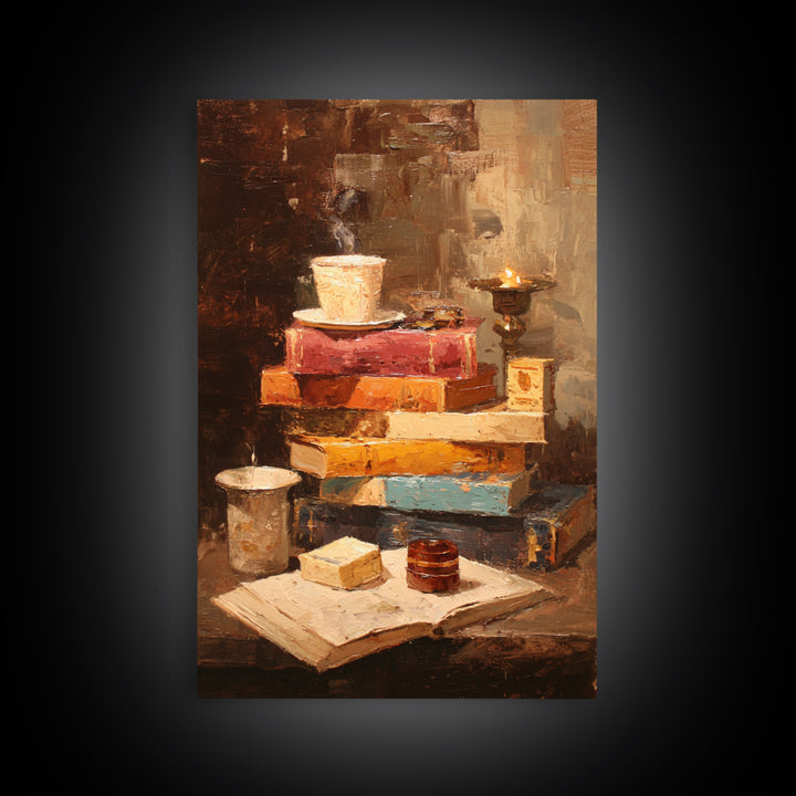 Rainy Day Reading Still Life Framed Canvas Print, Bookstore Art, Pink Wall Art, Bookstore Decor, Oil Painting, Literary, BOO-2x3-53