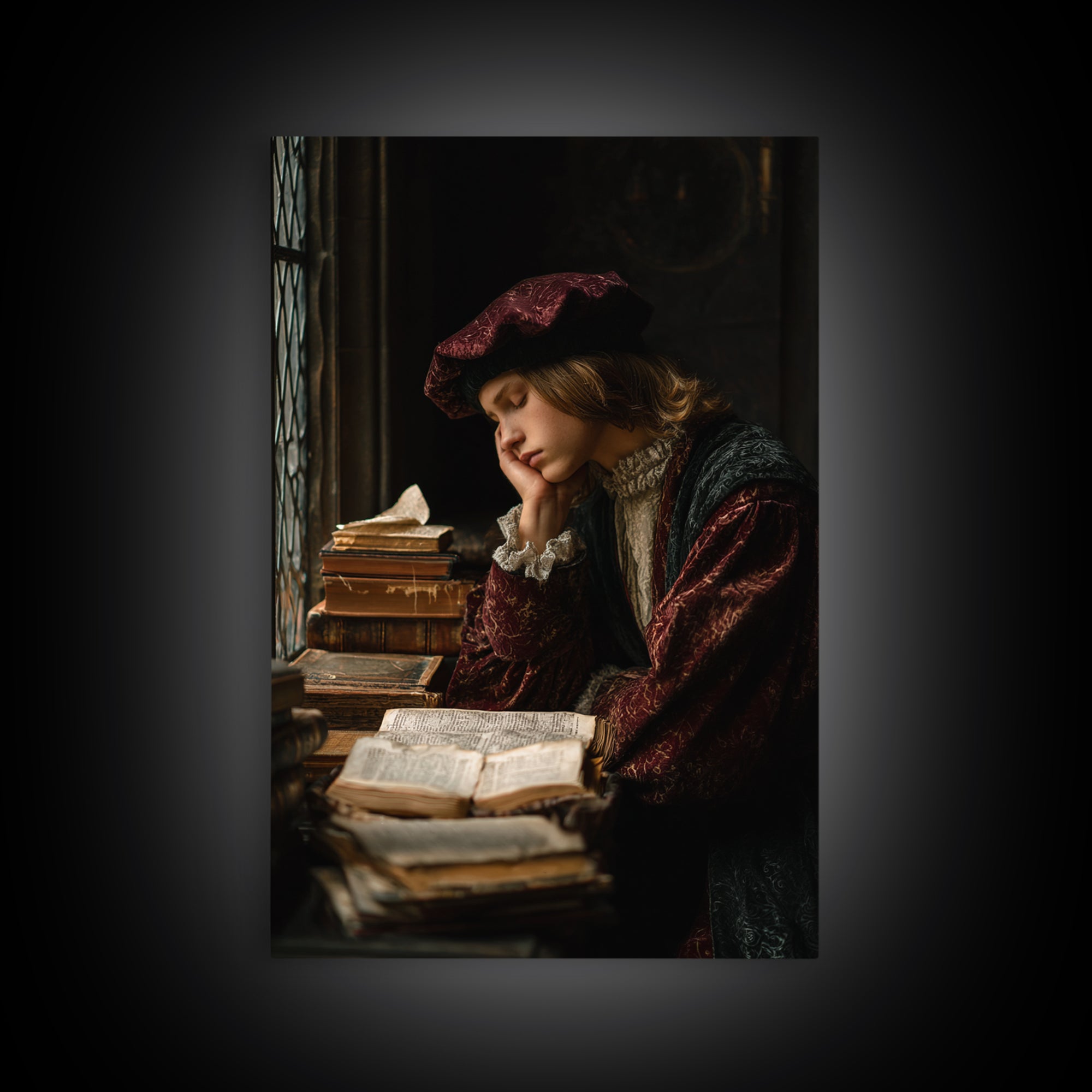 Renaissance Scholar Portrait Canvas Print, Bookstore Art, Autumn Decor, Bookstore Decor, Oil Painting, Literary, BOO-2x3-7