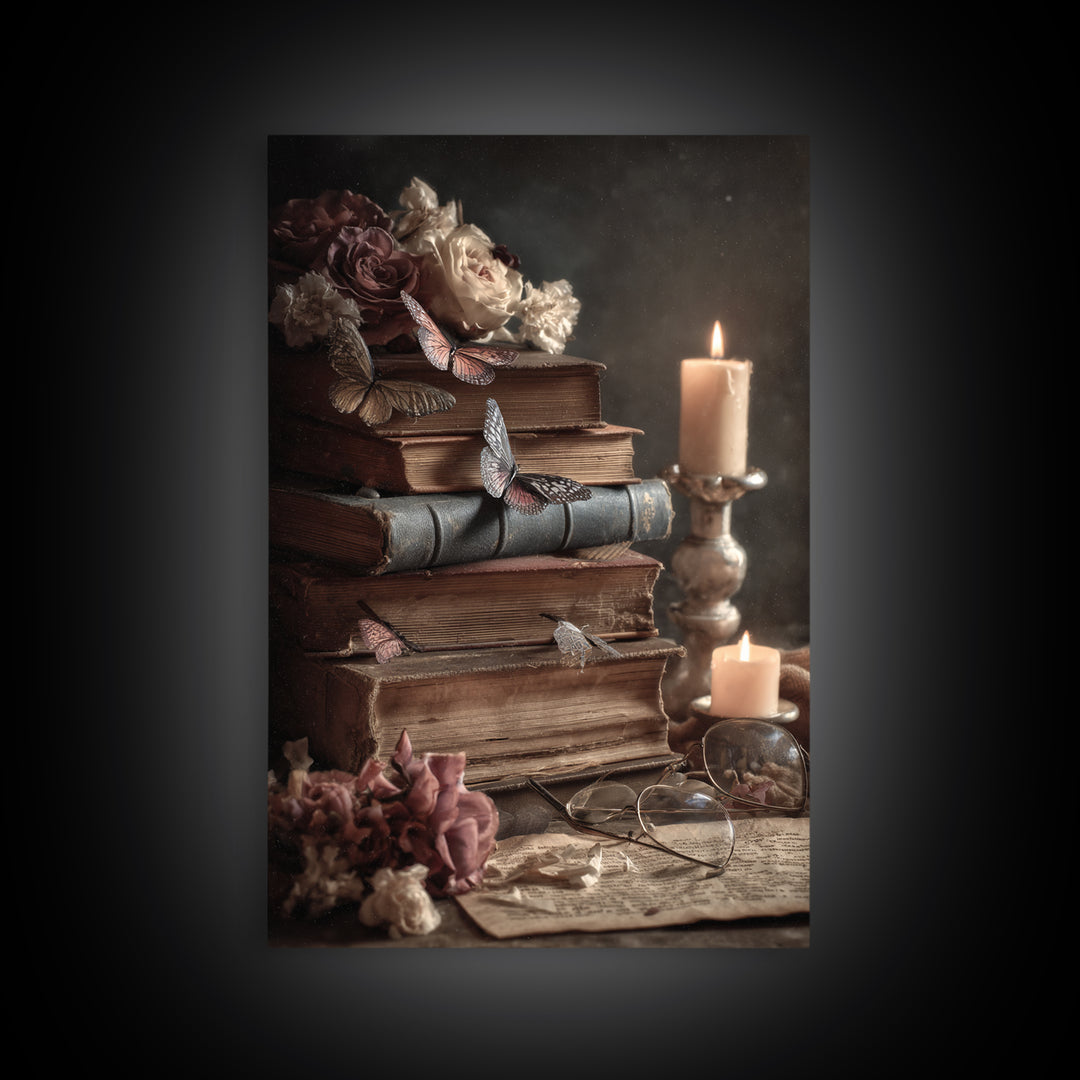 Open Book Releasing Painted Butterflies Framed Canvas Print, Bookstore Art, Autumn Decor, Bookstore Decor, Fine Art, Literary, BOO-2x3-84