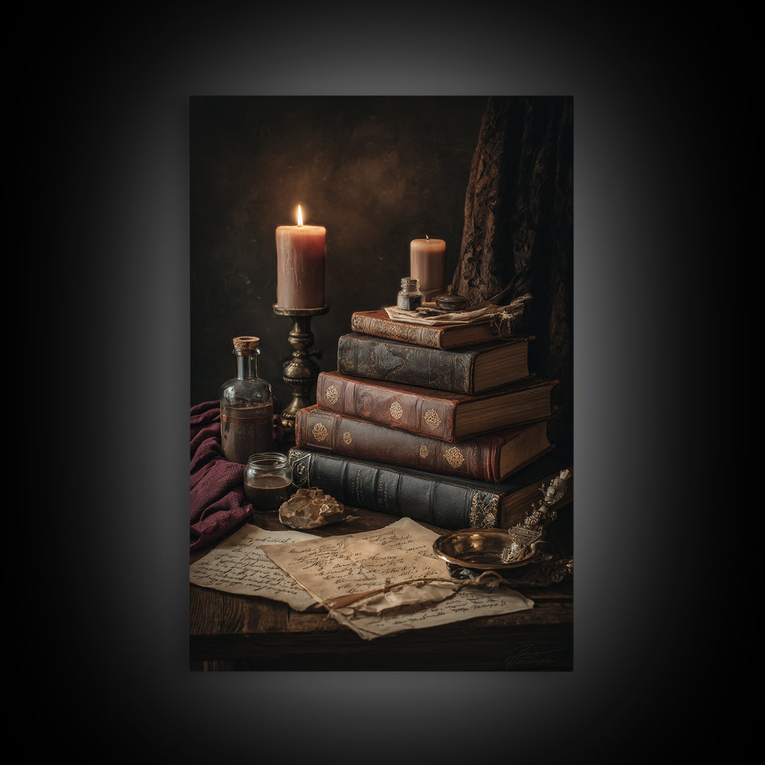 Dark Academia Candle and Book Still Life Framed Canvas Print, Bookstore Art, Pink Wall Art, Bookstore Decor, Fine Art, Literary, BOO-2x3-90