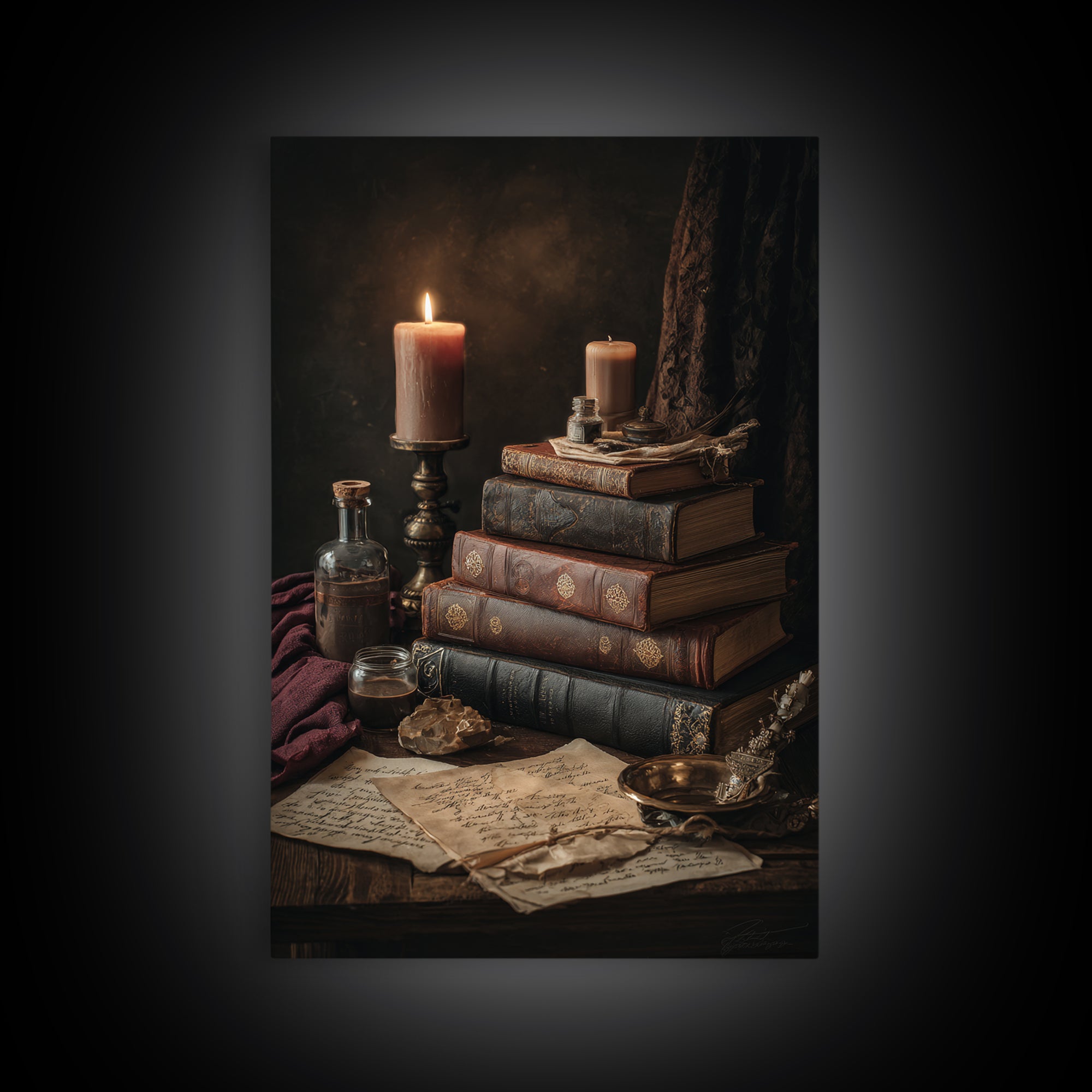 Dark Academia Candle and Book Still Life Framed Canvas Print, Bookstore Art, Pink Wall Art, Bookstore Decor, Fine Art, Literary, BOO-2x3-90