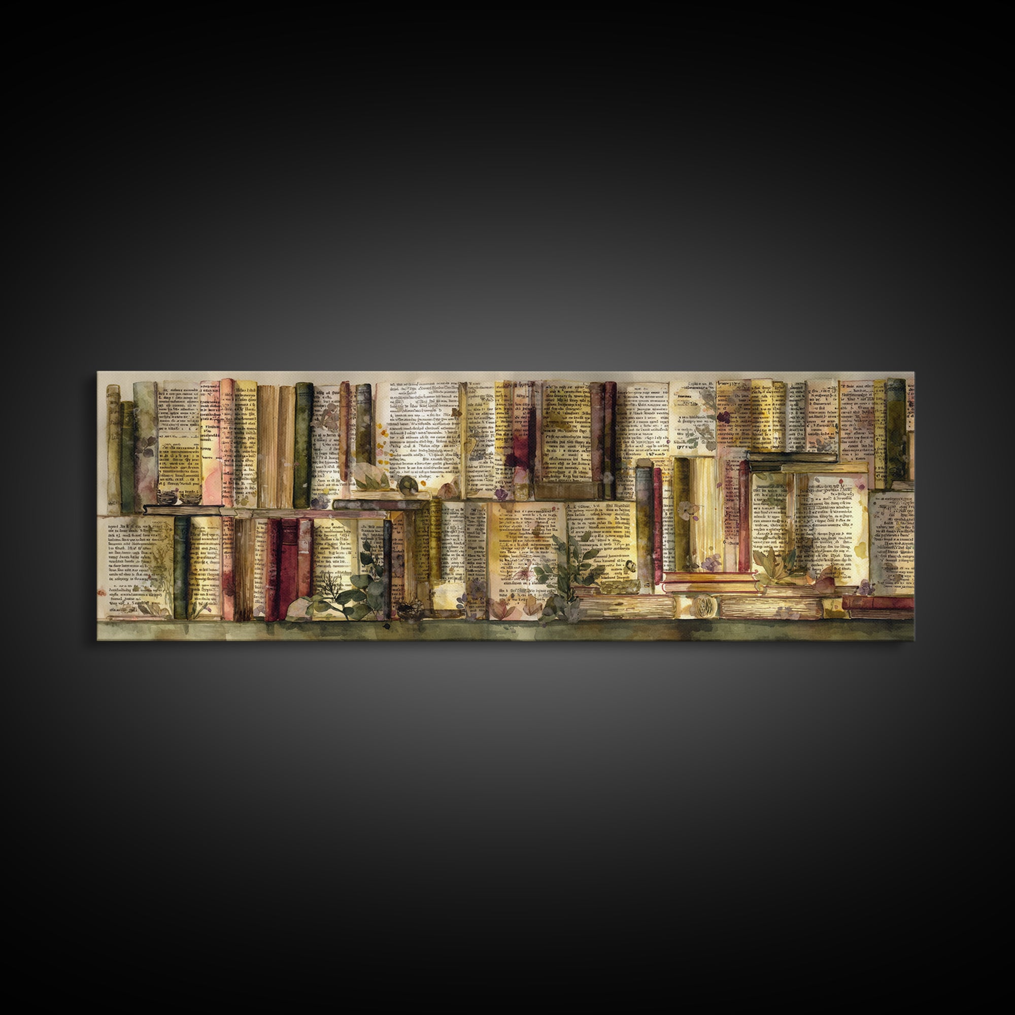 Pressed Flowers Between Book Pages Canvas Print, Bookstore Art, Luxury Decor, Bookstore Decor, Oil Painting, Literary, BOO-3x1-35
