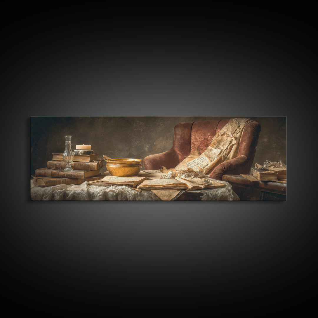 Cozy Reading Chair Still Life Without Room Framed Canvas Print, Bookstore Art, Urban Wall Art, Bookstore Decor, Literary, BOO-3x1-69