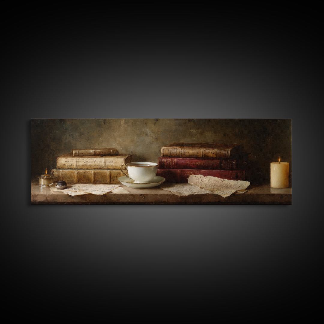 Teacup Beside a Worn Leather Bound Book Framed Canvas Print, Bookstore Art, Home Decor, Bookstore Decor, Fine Art, Literary, BOO-3x1-72
