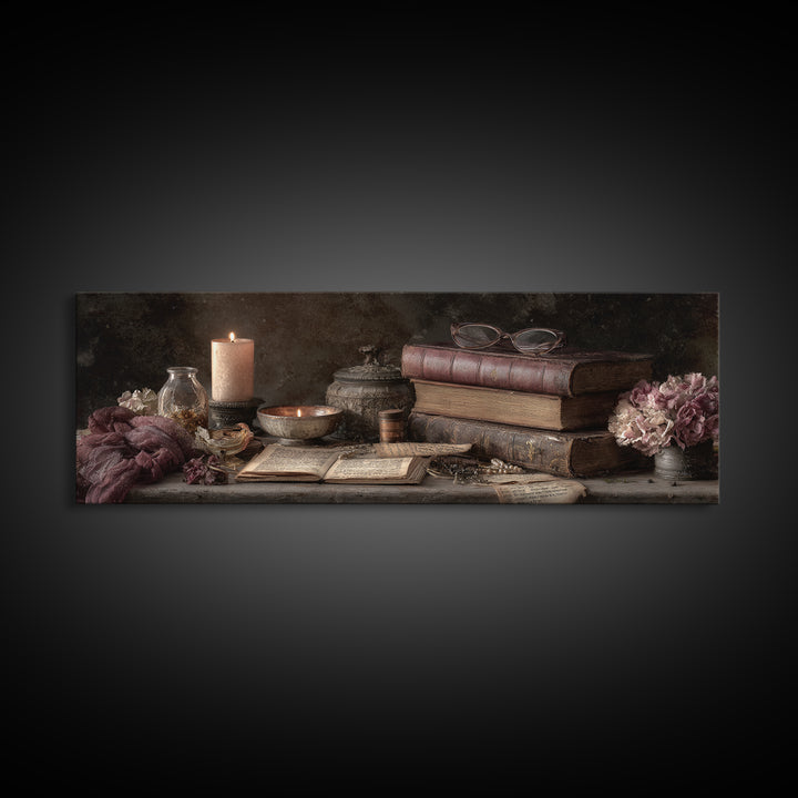 Dark Academia Candle and Book Still Life Framed Canvas Print, Bookstore Art, Office Art, Bookstore Decor, Oil Painting, BOO-3x1-74