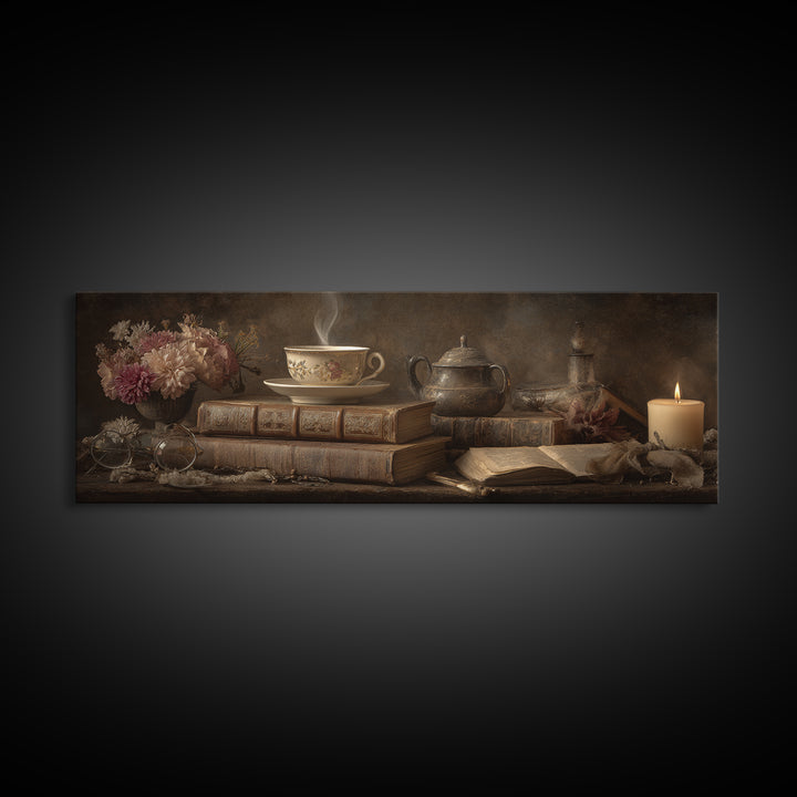 Teacup Beside a Worn Leather Bound Book Canvas Print, Bookstore Art, Wall Decor, Bookstore Decor, Fine Art, Literary, BOO-3x1-96