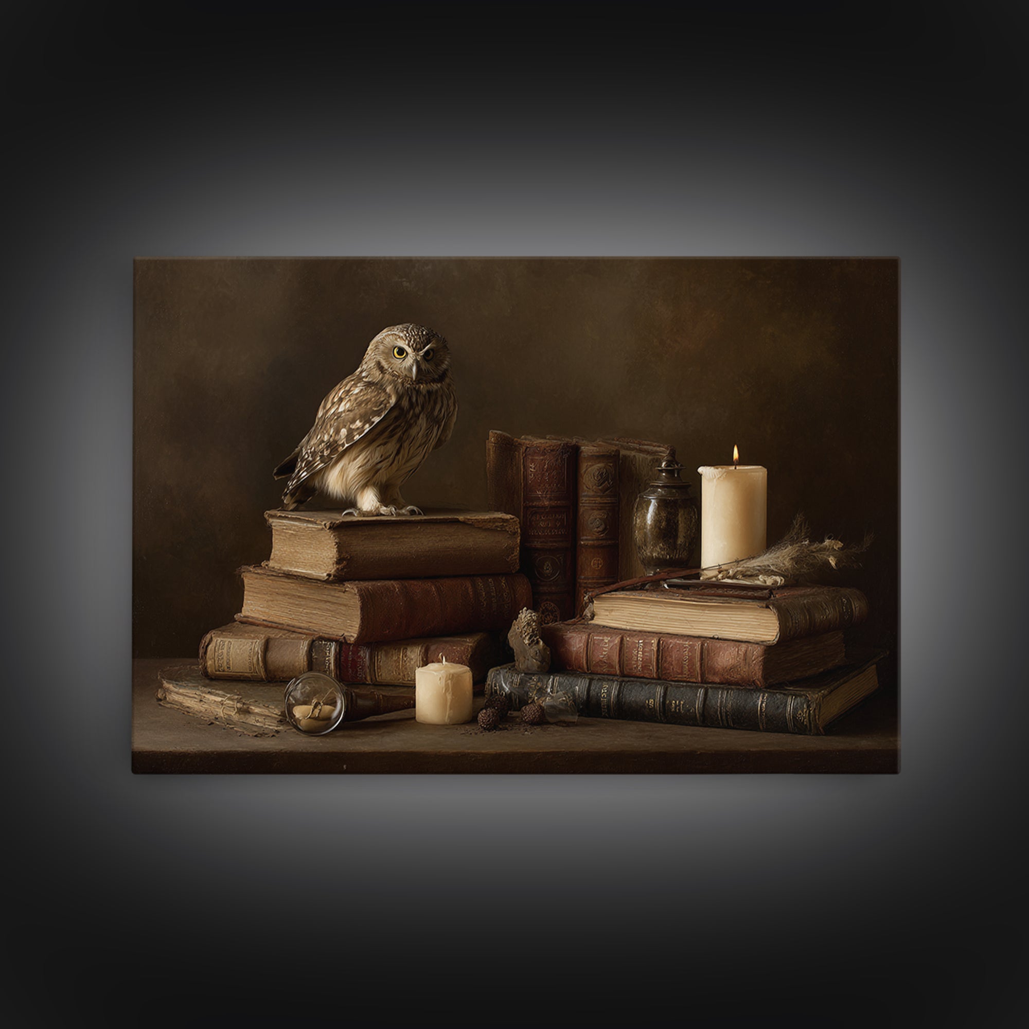 Owl Perched on a Stack of Classics Canvas Print, Bookstore Art, Book Wall Art, Bookstore Decor, Oil Painting, Literary, BOO-3x2-37