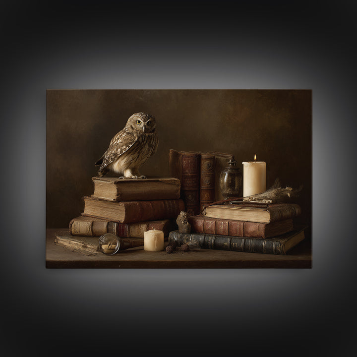 Owl Perched on a Stack of Classics Canvas Print, Bookstore Art, Book Wall Art, Bookstore Decor, Oil Painting, Literary, BOO-3x2-37